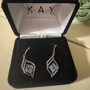 NEW Kay Jewelers Sterling Silver Blue Topaz Drop Earrings with Pavé Accents